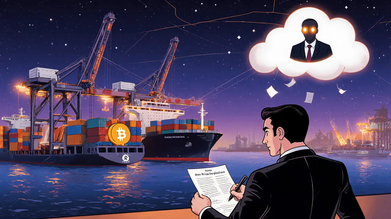 Port at dusk with Bitcoin and Digital Ruble containers being loaded onto a ship under Central Bank watch.