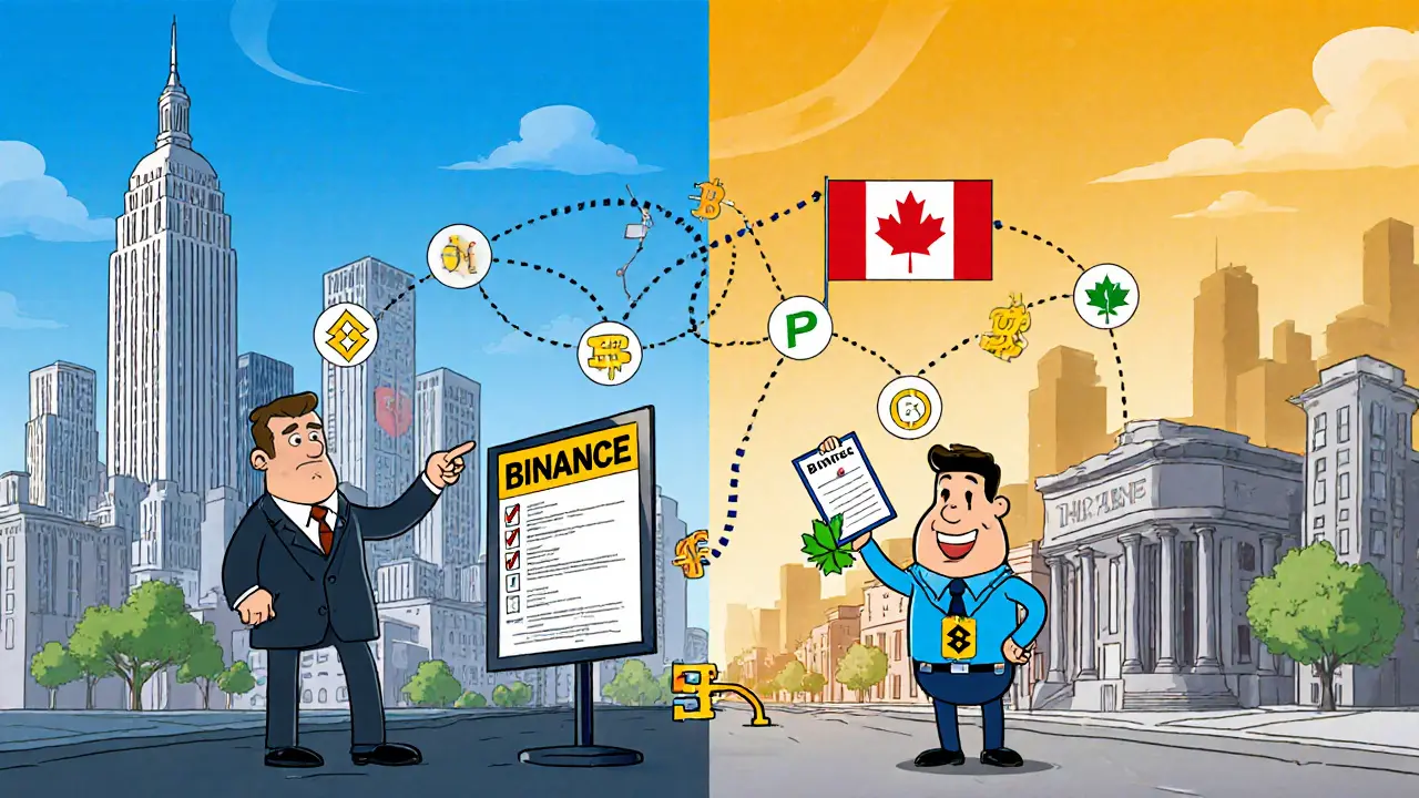 Split scene contrasting US strict regulators with Binance.US and Canada friendly regulators with Bitget.