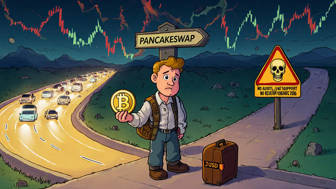 A confused traveler stands at a crossroads between a busy USDT highway and a lonely JUSD path with warning signs.