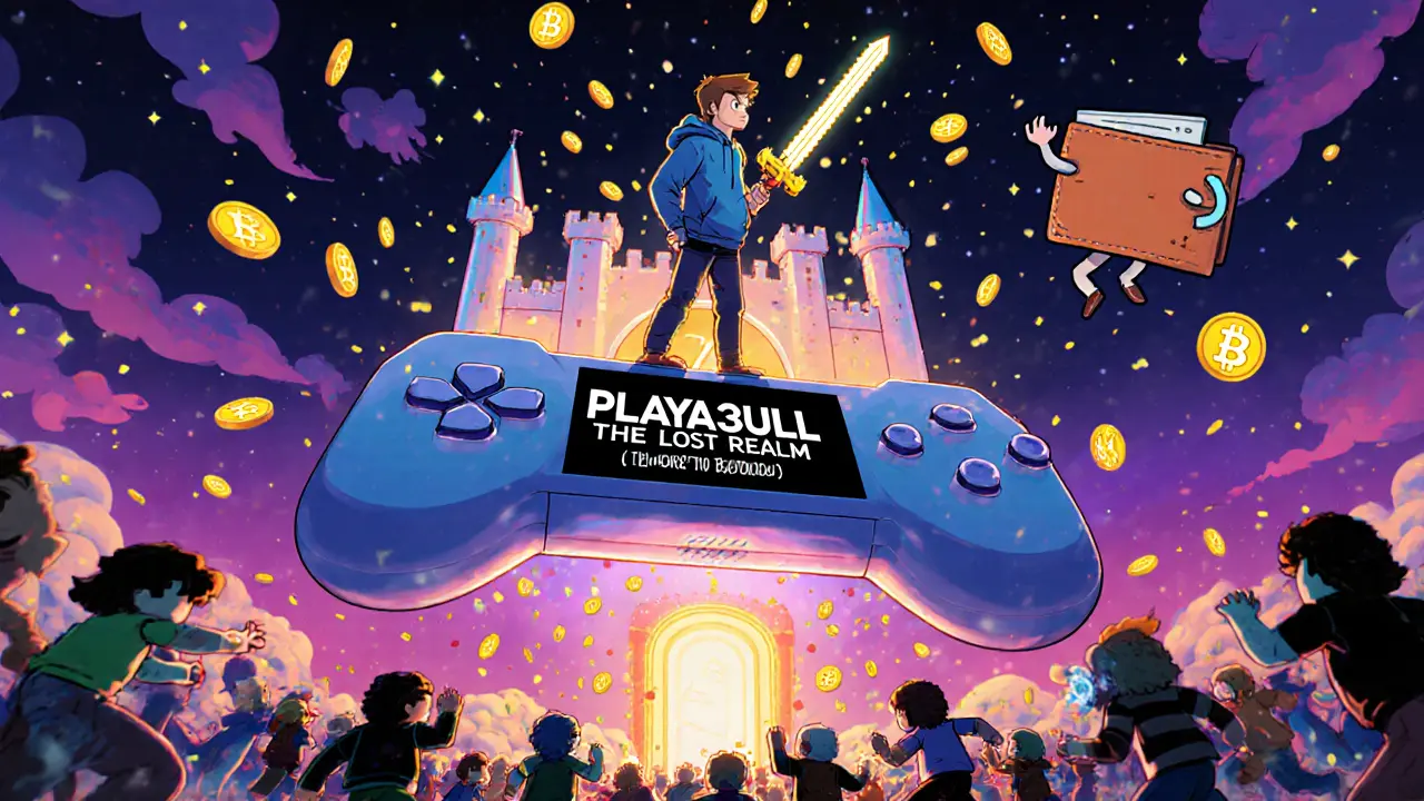 A player on a game controller blockchain holding an NFT sword as tokens rain down and avatars rush toward a portal.