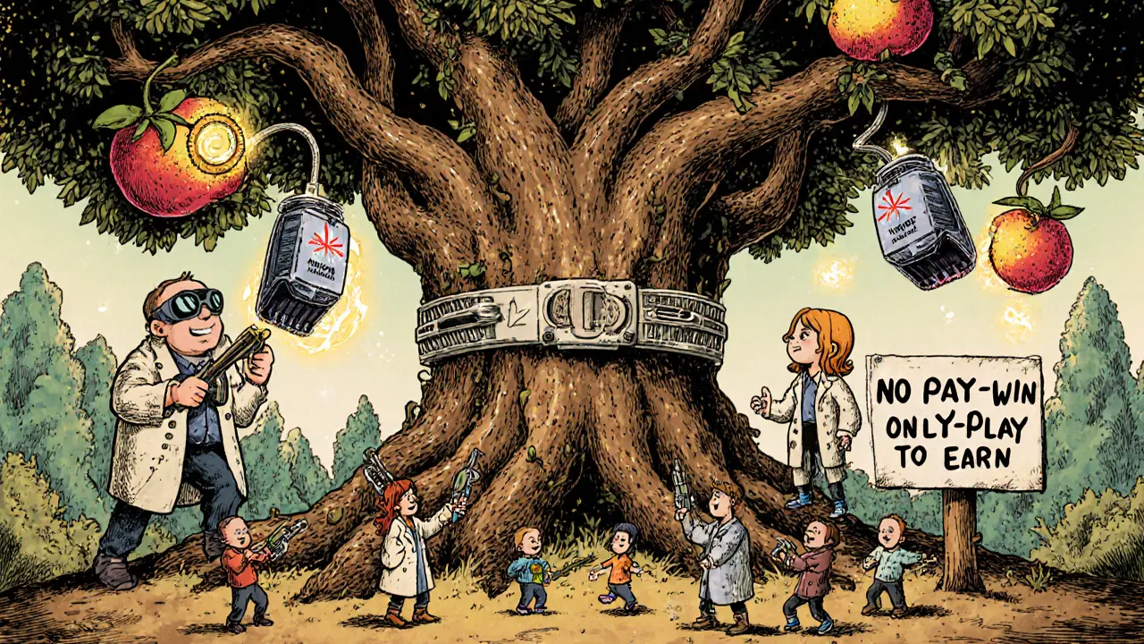 A quirky family of developers harvests ULL tokens from a mechanical tree while thousands of players celebrate below.