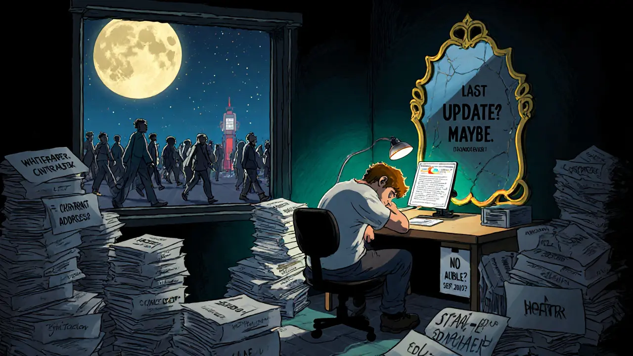 A tired developer sits amid paperwork labeled &#039;No Audits&#039; while a cracked mirror reflects people walking away from JUSD.