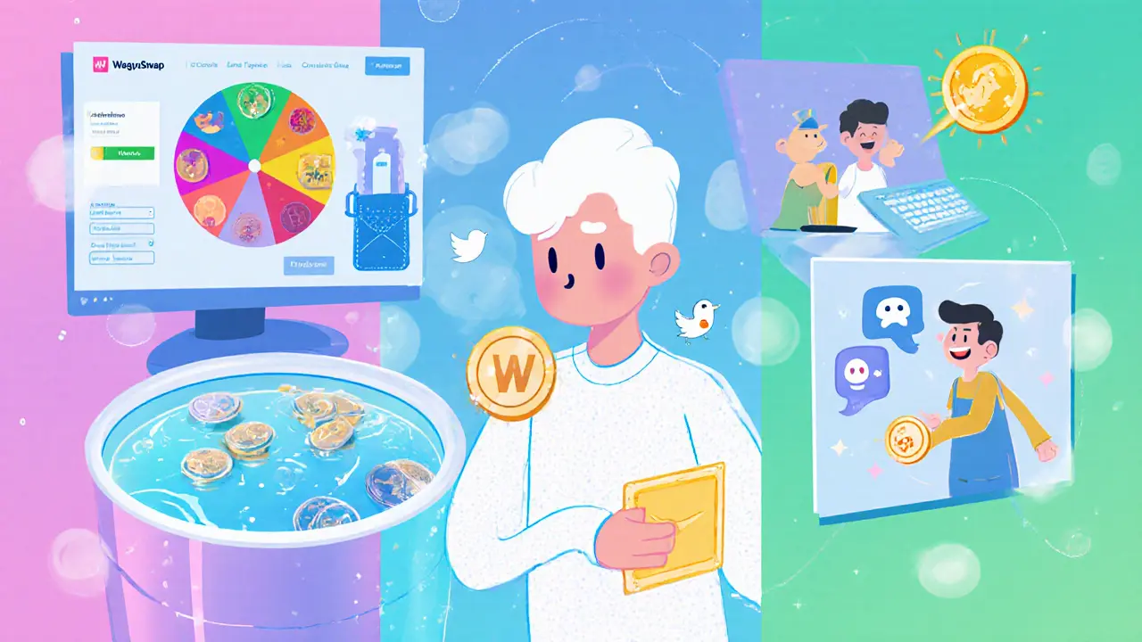 Cartoon user connecting wallet, swapping tokens, adding liquidity, and using social media.