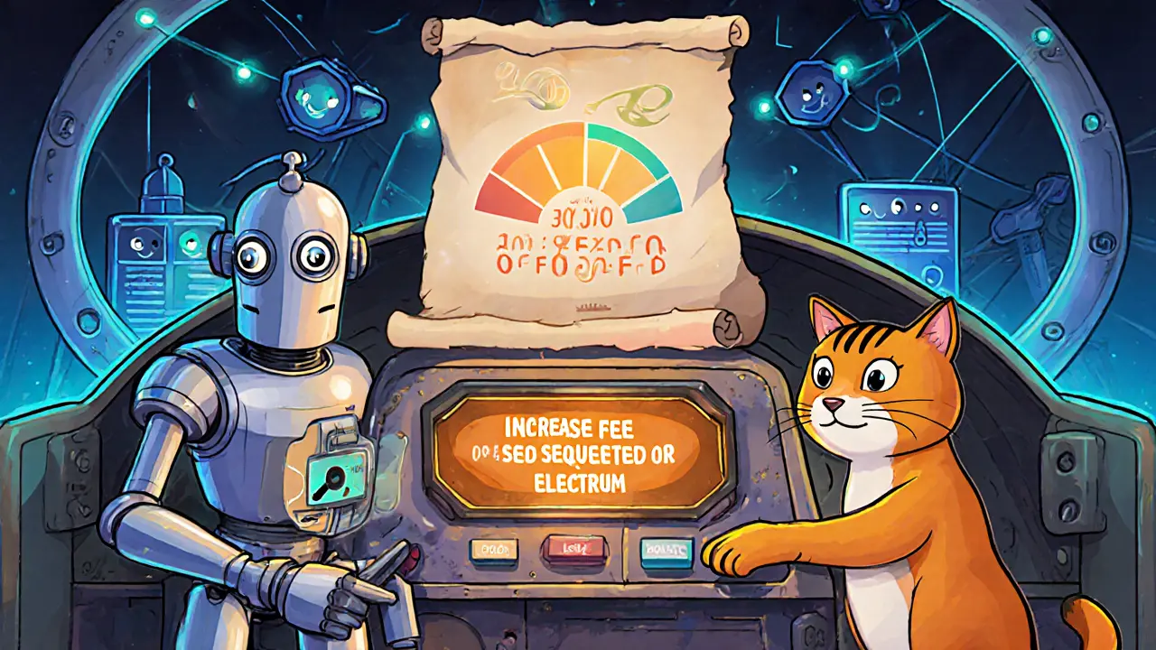 Cartoon wallet characters press a button to raise a transaction fee on a steampunk panel.