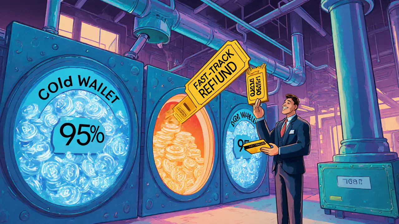 Cold‑wallet vaults lock most coins while a bank delivers a fast‑track refund ticket.