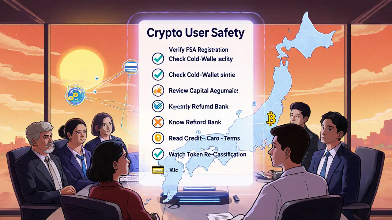 Experts check off a crypto safety checklist in a futuristic holographic meeting.