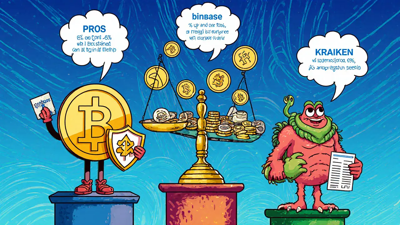 Three cartoon characters compare Coinbase, Binance, and Kraken with pros and cons icons.