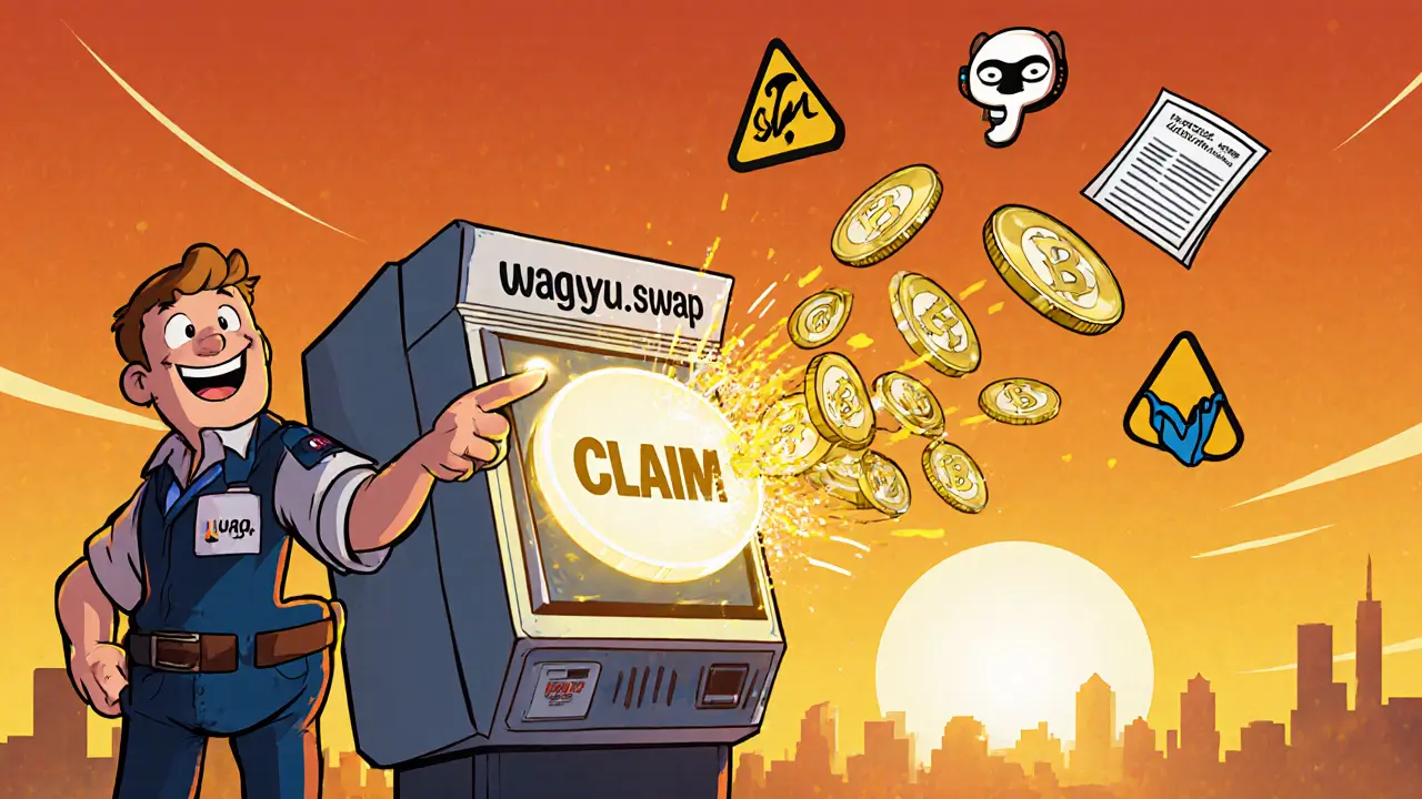 Trader claiming WAG tokens on a terminal with risk icons nearby.