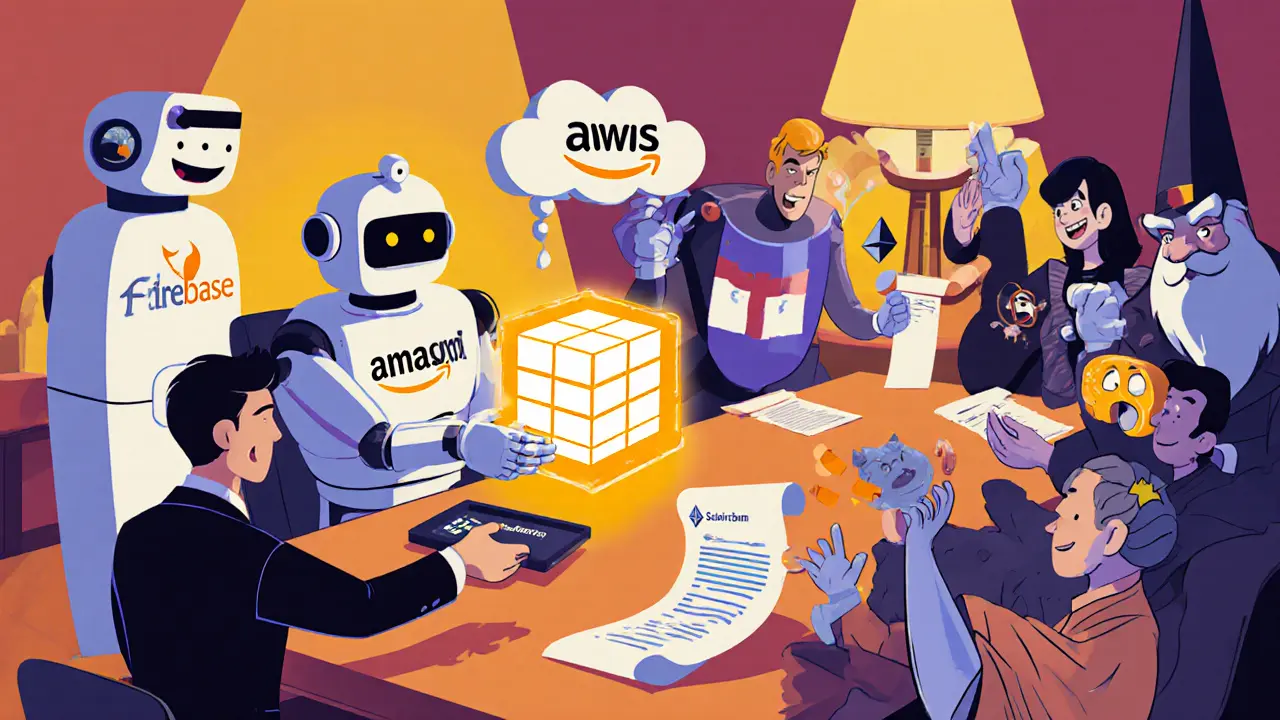 Animated characters personify top BaaS providers collaborating around a conference table.