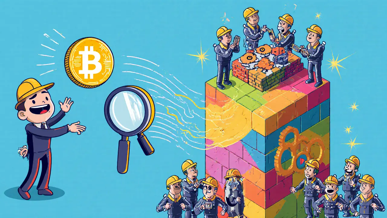 Animated figures showing a digital coin transaction broadcast, validated, and added as a block.