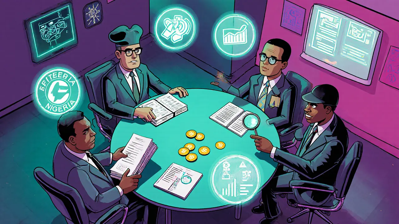 Animated SEC, CBN, EFCC, and NFIU characters collaborating over crypto regulation.