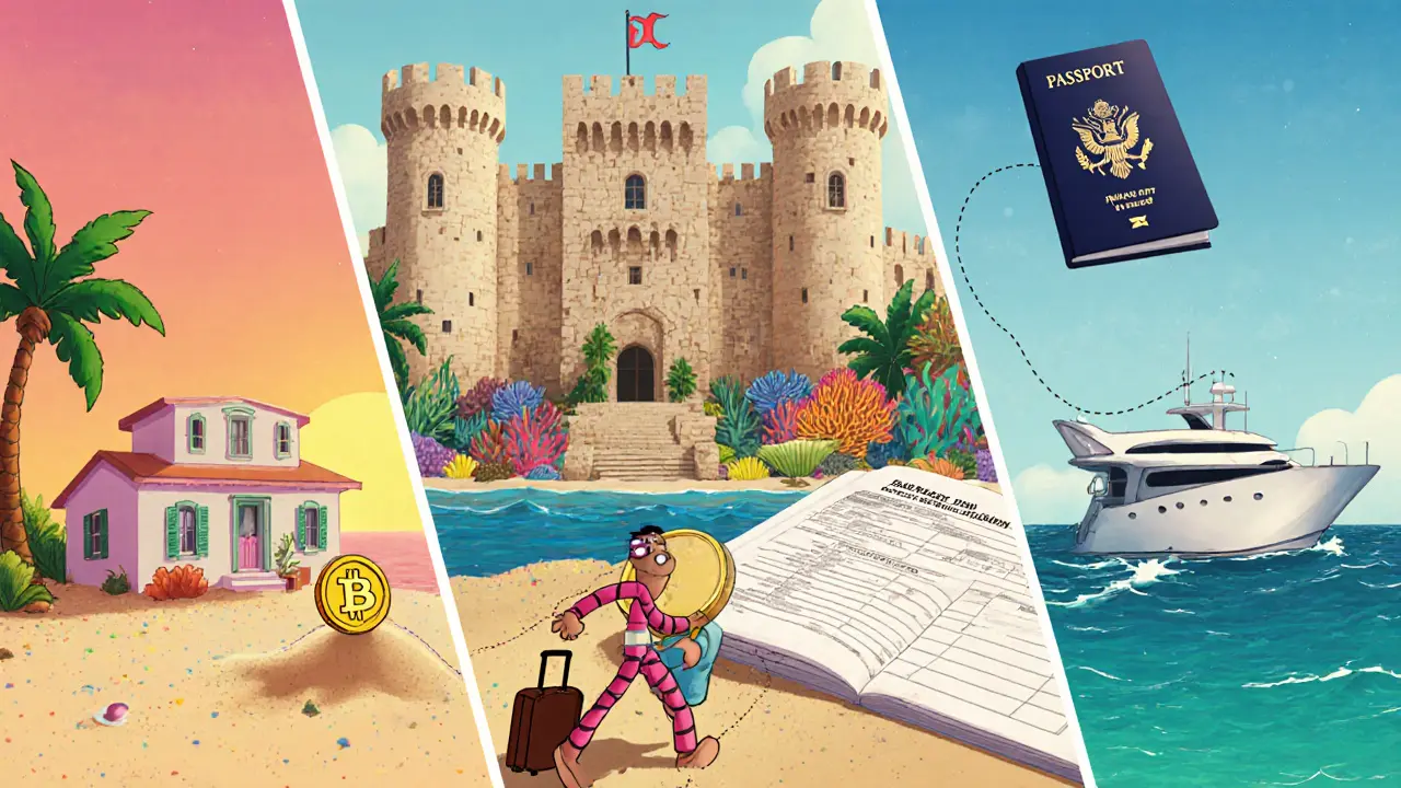 Animated traveler moving among stylized Puerto Rico beach, Malta fortress, and Vanuatu island with floating crypto coins.