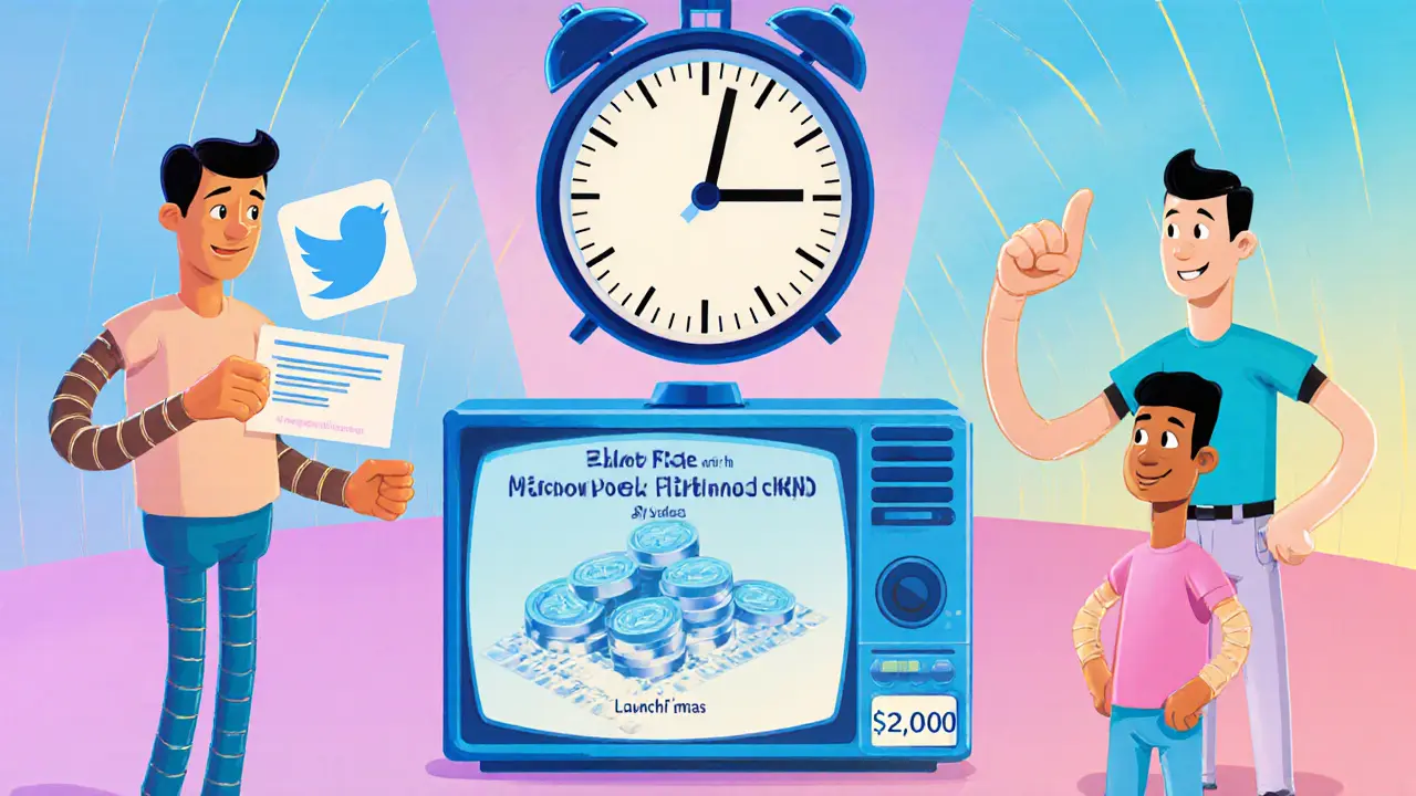 Cartoon avatars completing retweet, poll and video tasks with a countdown timer and ,000 pool graphics.