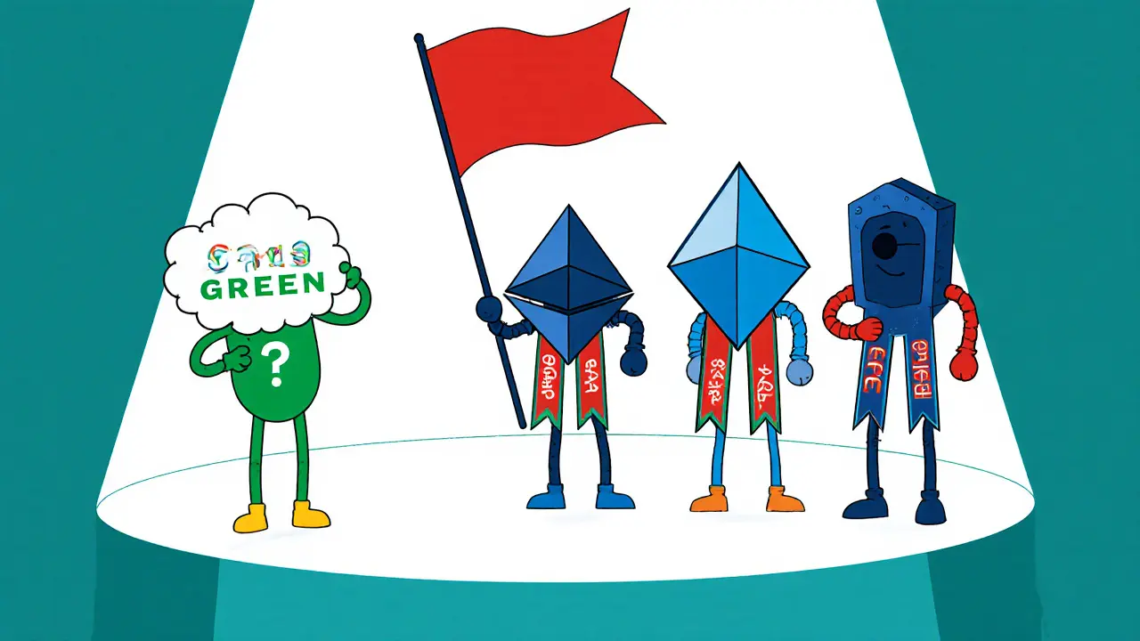 Cartoon comparison of GREEN vs Ethereum, Cardano, Hedera with red flag and data icons.