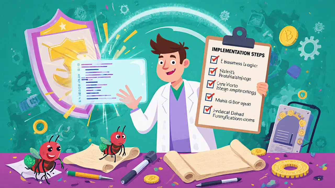 Cartoon developer reviewing code with bug icons, security shield, and blockchain nodes.