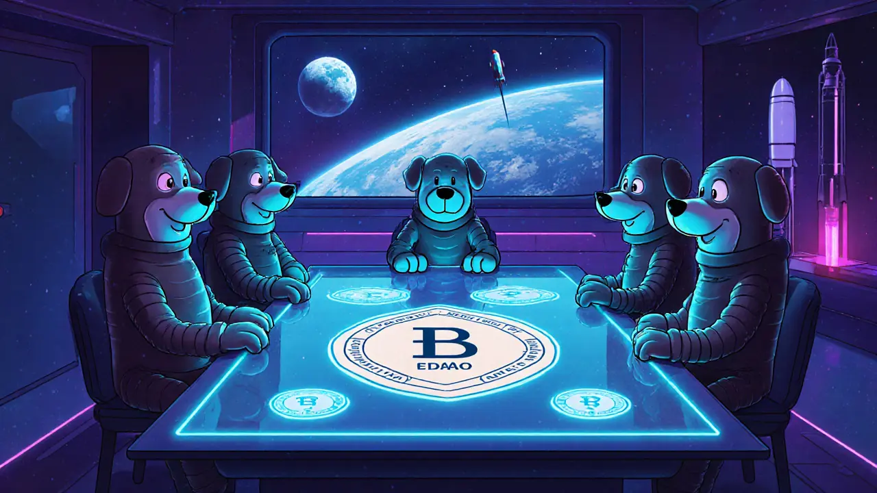 Cartoon dogs in a space council voting on NFTs with holographic EDAO tokens.