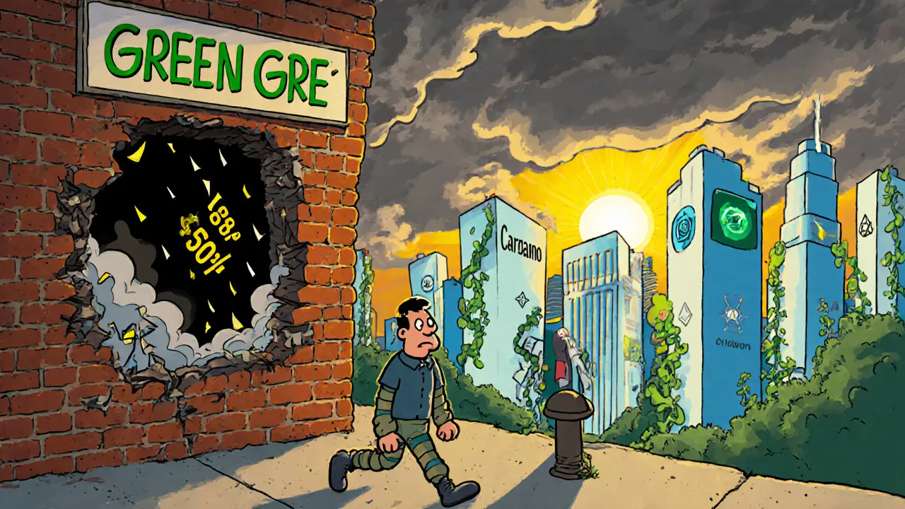 Cartoon investor leaving crumbling GREEN building toward bright eco‑crypto city.