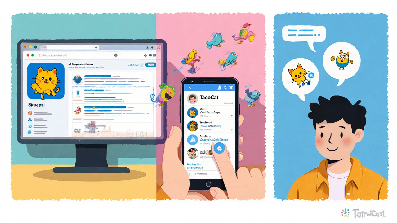 Comic strip showing a person searching CoinMarketCap, retweeting, and joining Telegram.