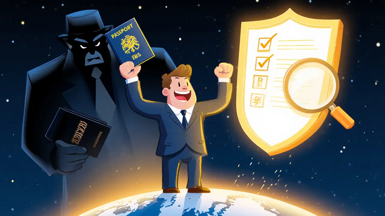 Confident investor holding a passport and crypto wallet, standing before a dim IRS shadow with a checklist.