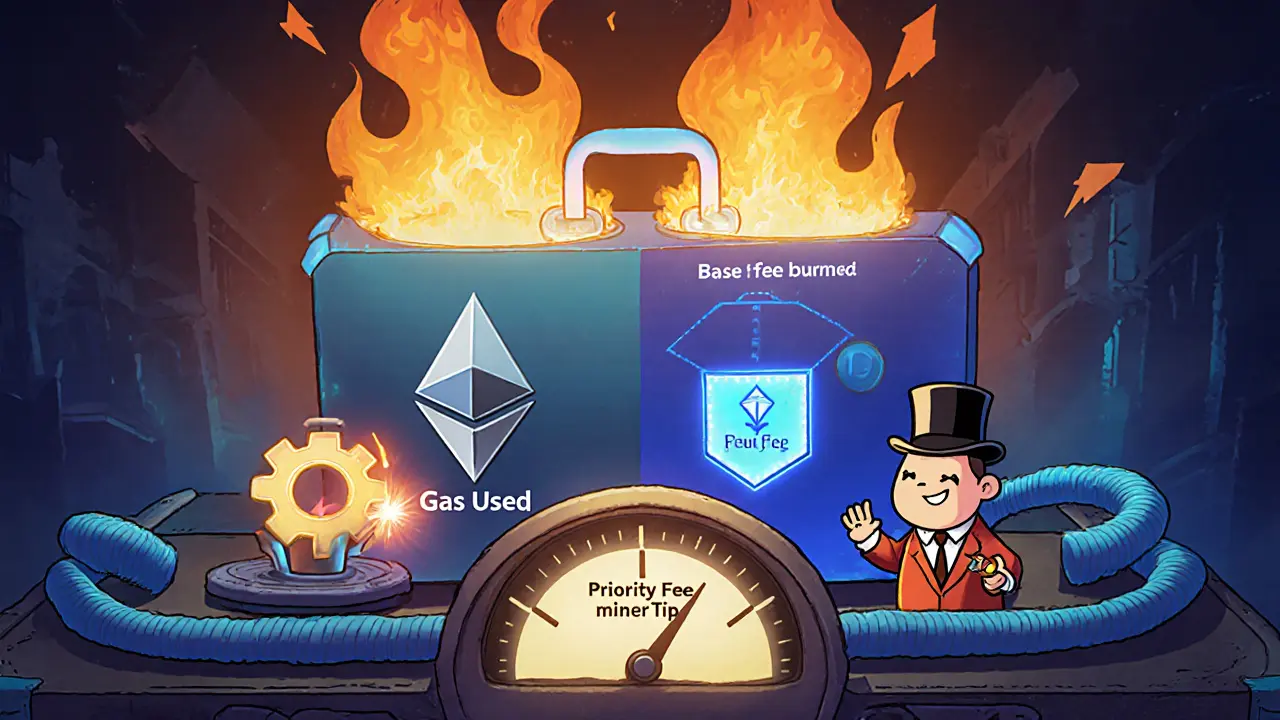 Ethereum block shows separate compartments for base fee, gas used, and priority tip.