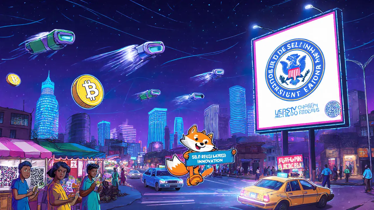 Futuristic Lagos street with vendors using crypto wallets under a regulated market.