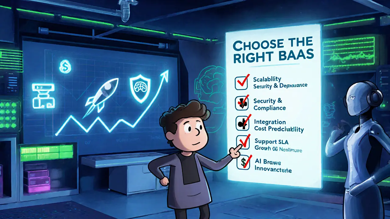 Holographic checklist with icons shows criteria for selecting a BaaS provider.