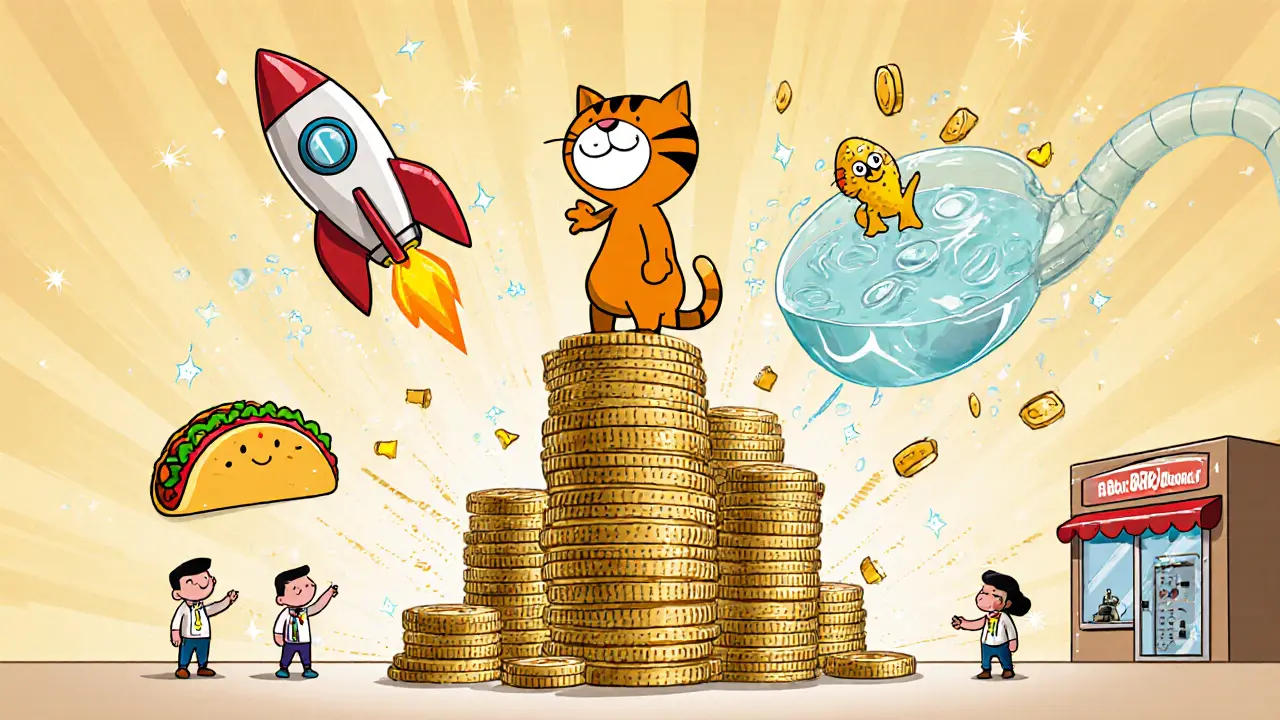 Mascot atop a coin stack with symbols for buy‑back, liquidity pool, and reflections.