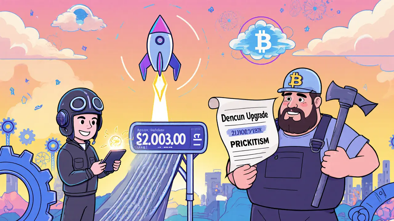 Side‑by‑side cartoon of Ethereum validator receiving tip and Bitcoin miner checking sat/byte fee.