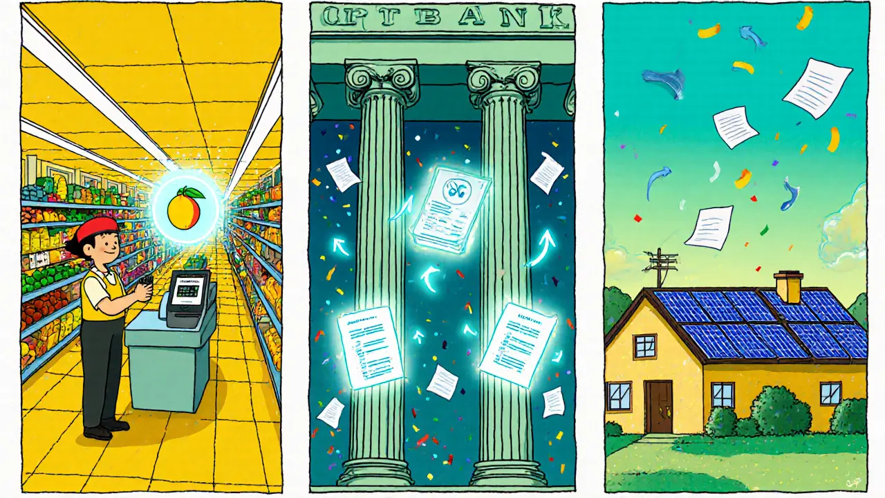 Three cartoon scenes: mango traceability, interbank settlement, and peer‑to‑peer energy trading.