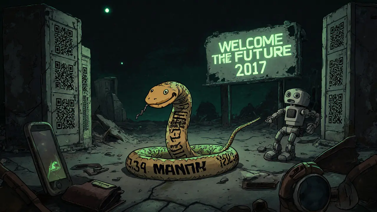 A broken blockchain snake slithers through a digital wasteland as a rusted robot tries to plug into a cracked USB port.