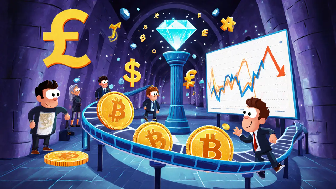 Animated trading floor with a roller coaster of DMCK tokens, forex symbols, and a floating NFT gem.