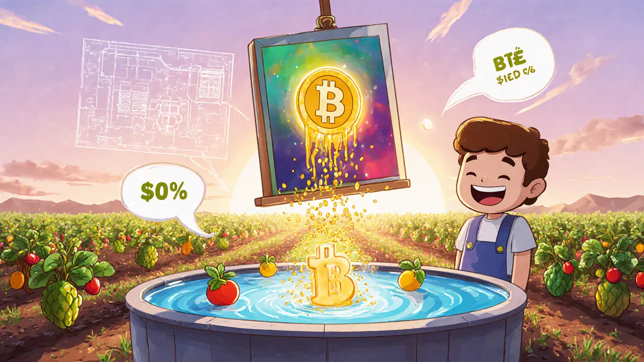 Cartoon character staking an NFT on a digital farm with BLH tokens, Fleischer style.