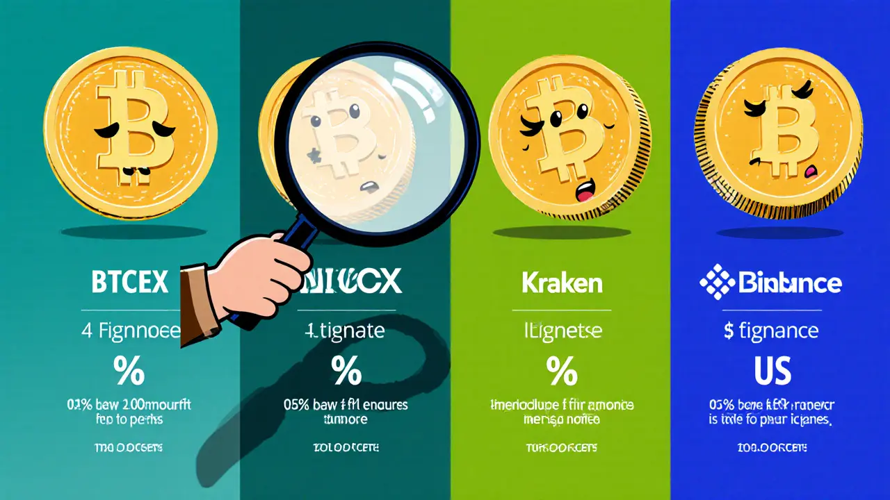 Cartoon comparison of BTCEX fees versus Coinbase, Kraken, Binance US with coins and magnifying glass.