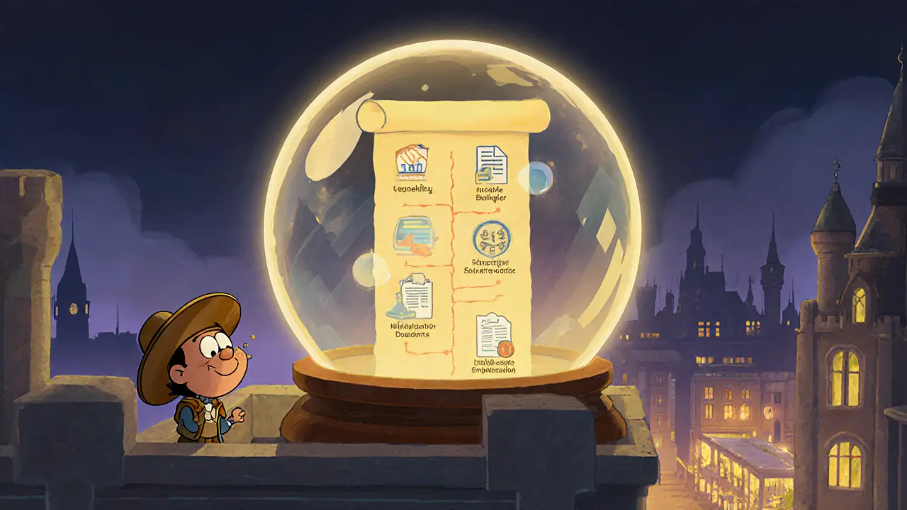 Cartoon crystal ball displaying a roadmap with liquidity, NFT, and regulatory icons beside a castle.