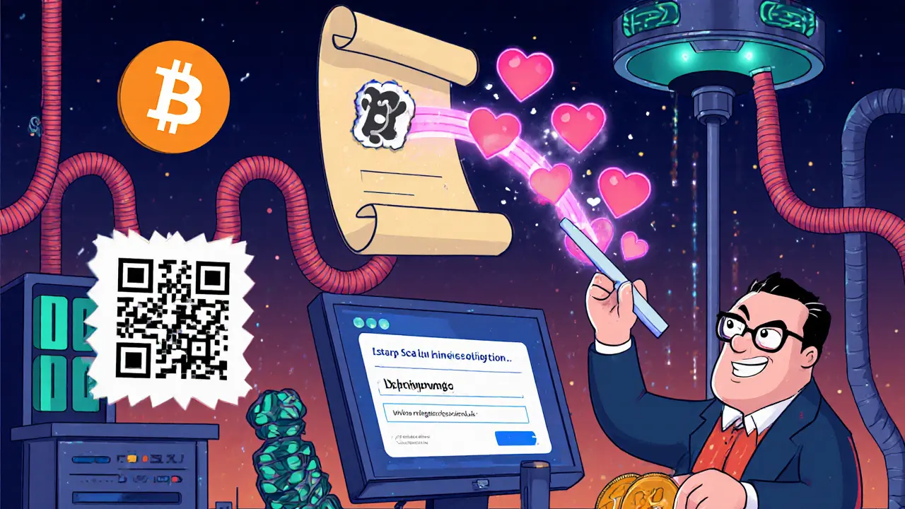 Cartoon hacker repackaging an app, QR code, and phishing page sending seed phrase.