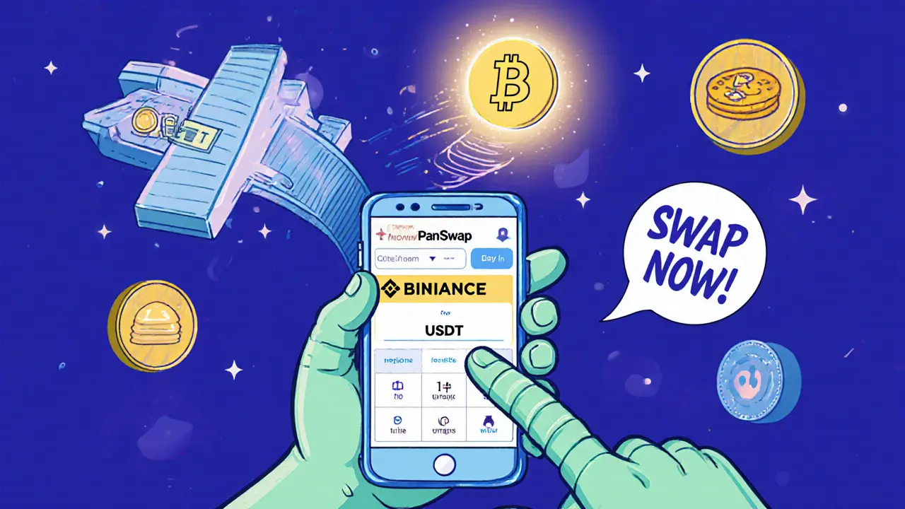 Cartoon hand using a phone to swap USDT for BARSIK tokens on a DEX conveyor belt.