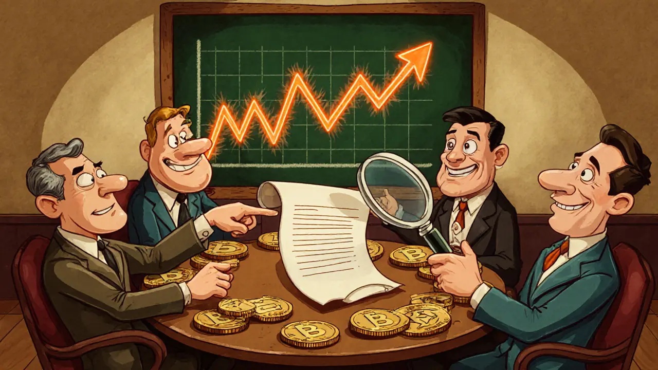 Cartoon investors in a boardroom examining BARSIK tokens and a chaotic price graph.