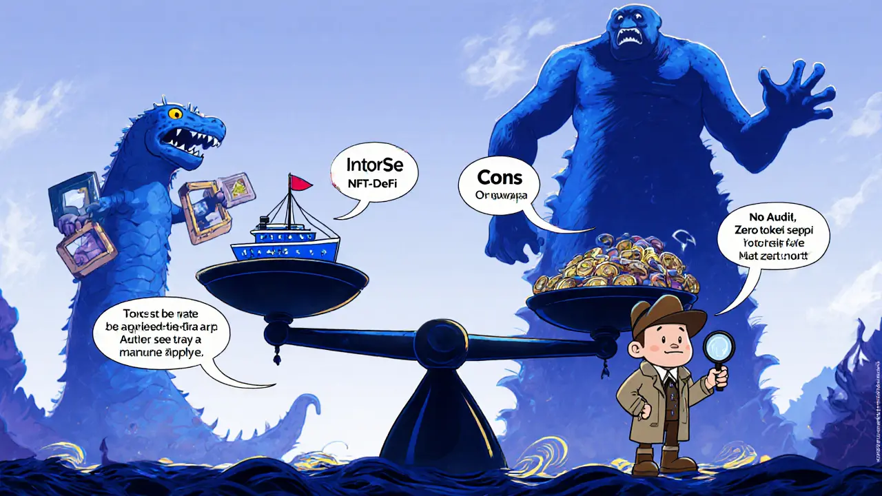 Cartoon scales comparing Blue Horizon with OpenSea and Uniswap, showing pros and cons, Fleischer style.