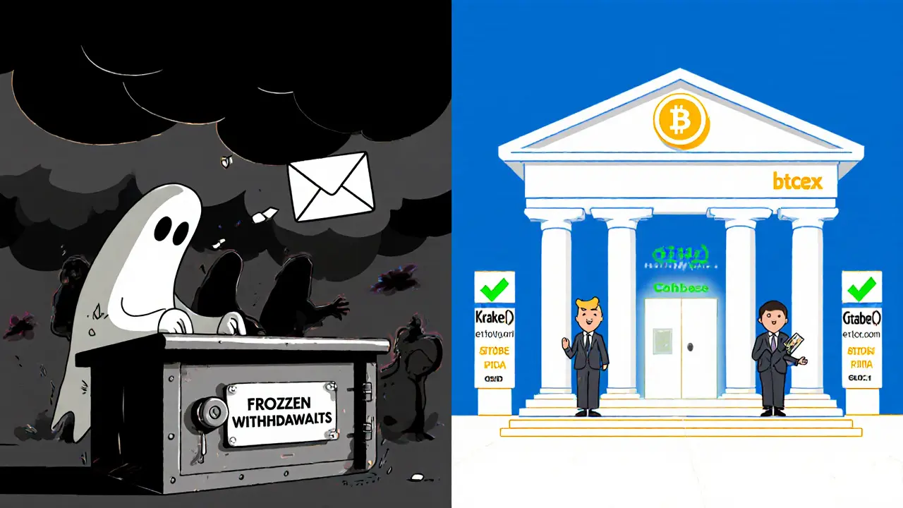 Cartoon showing frozen account, ghostly support, and red‑flag icons warning about BTCEX risks.
