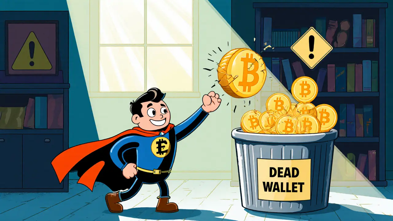 Cartoon wallet hero throws a fake vBCH token into a trash can labeled &quot;Dead Wallet&quot;.