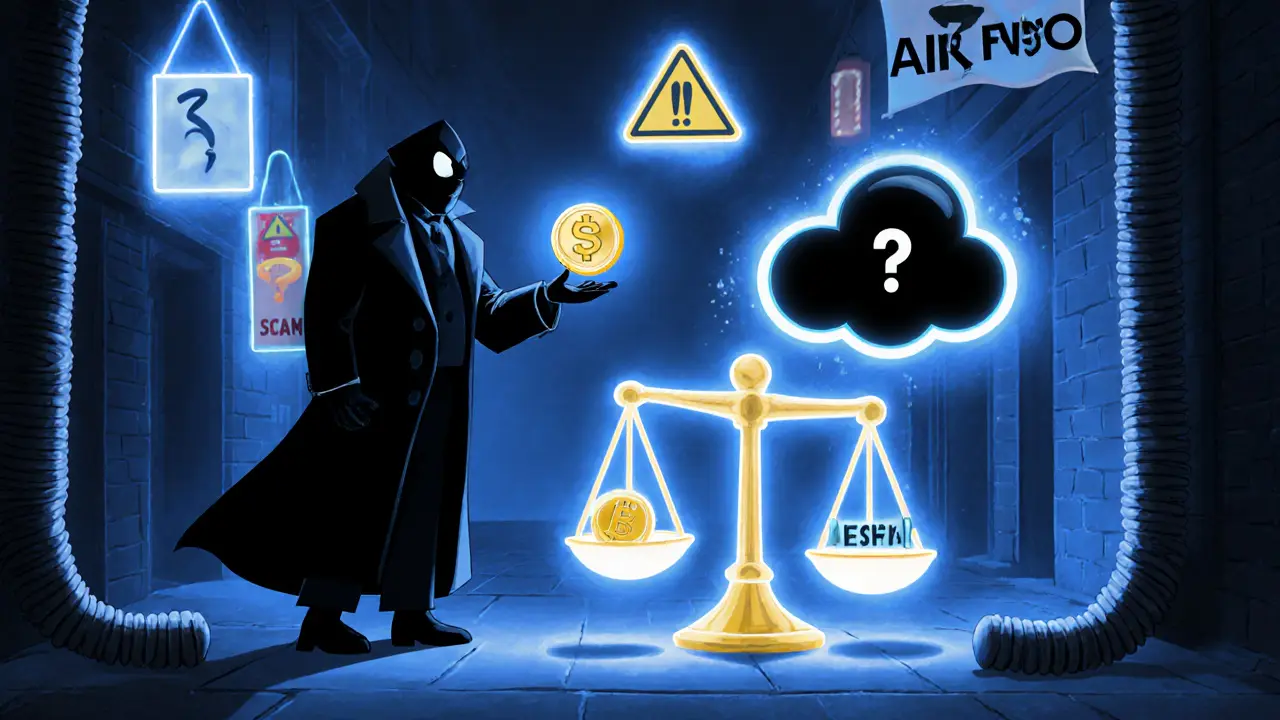 Cartoon warning scene with a sneaky figure, a scale of risk and reward, and floating SENSO tokens.