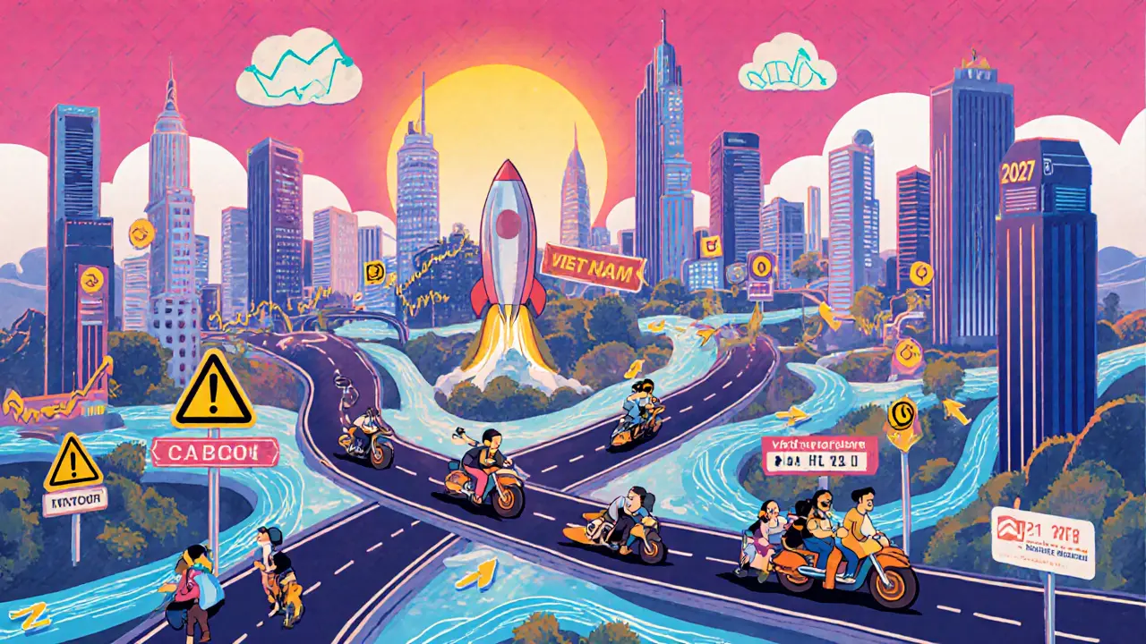 Futuristic map showing Vietnam as a crypto hub with traders traveling to neighboring countries.