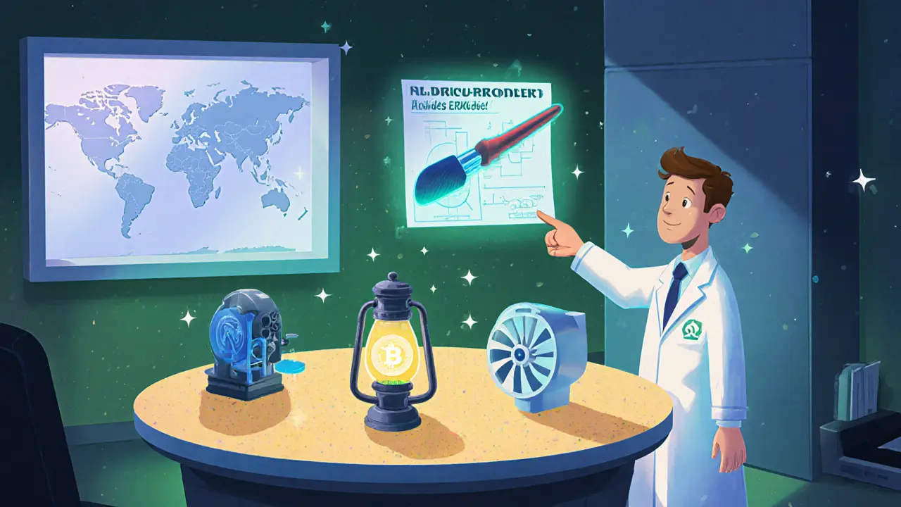 Inside a sandbox lab, cartoon engineers display three permissioned blockchain projects.