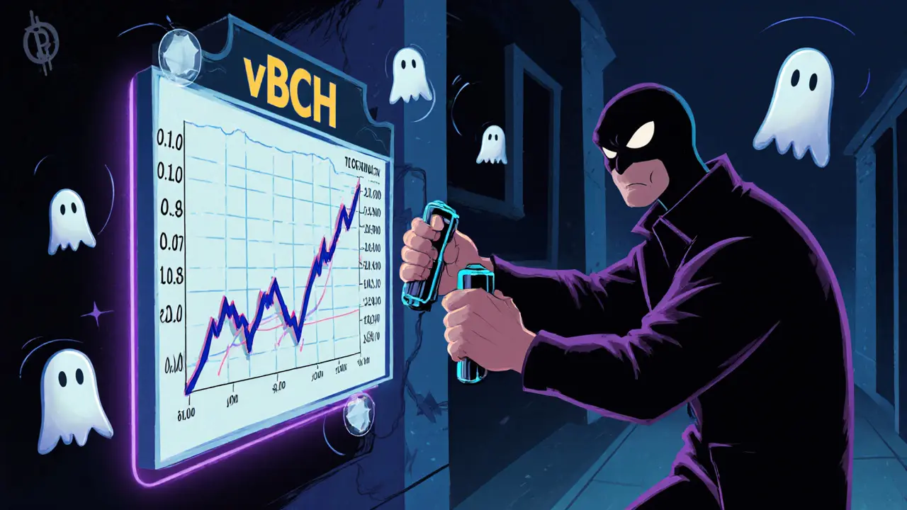 Masked figure manipulating a volatile vBCH price chart in a dark alley.