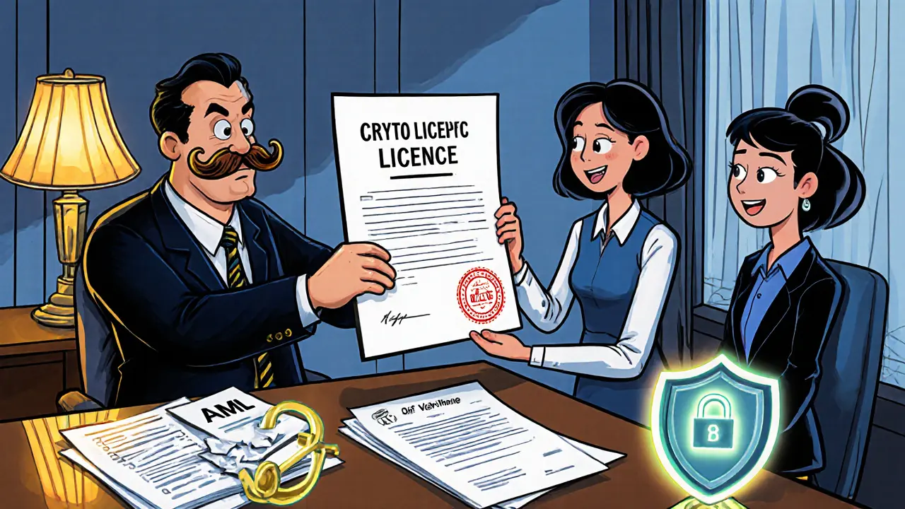 Ministry office where a bureaucrat hands a crypto licence to a startup team with KYC and security icons.