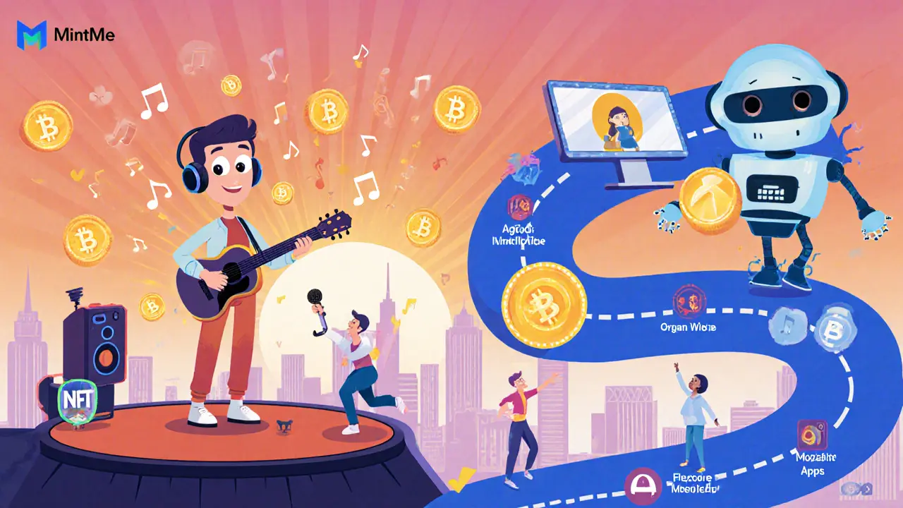 Musician, AI robot, and roadmap icons showing MintMe use cases in a colorful futuristic scene.