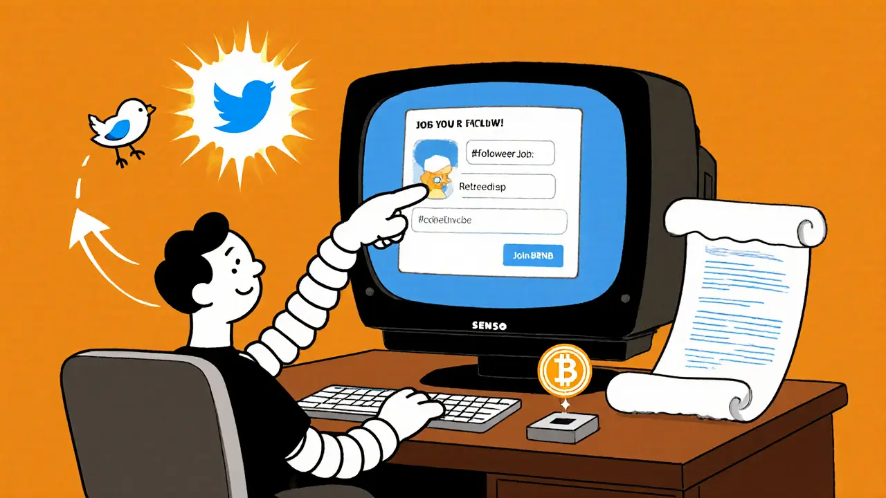 Retro cartoon of a person using a computer to follow, retweet, fill a form, and sign a BNB transaction for the airdrop.