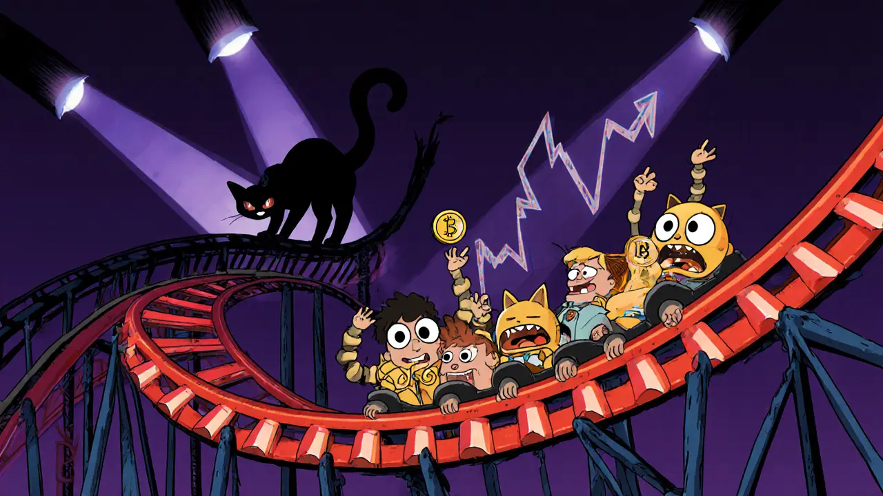 Roller coaster price chart with nervous cartoon investors holding BARSIK tokens.