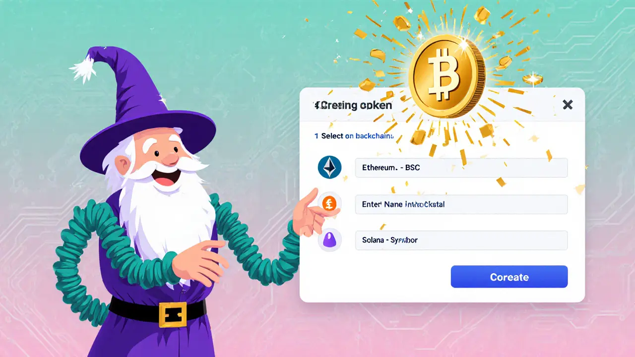 Rubber‑hose wizard guiding user through token‑creation steps, ending with a sparkling new coin.