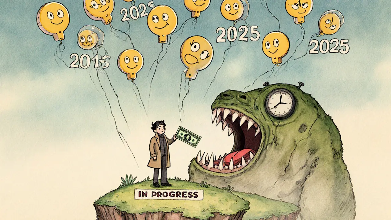 Thousands of tiny email-faced tokens float upward while a lone figure is swallowed by a gas fee monster on a tiny island.